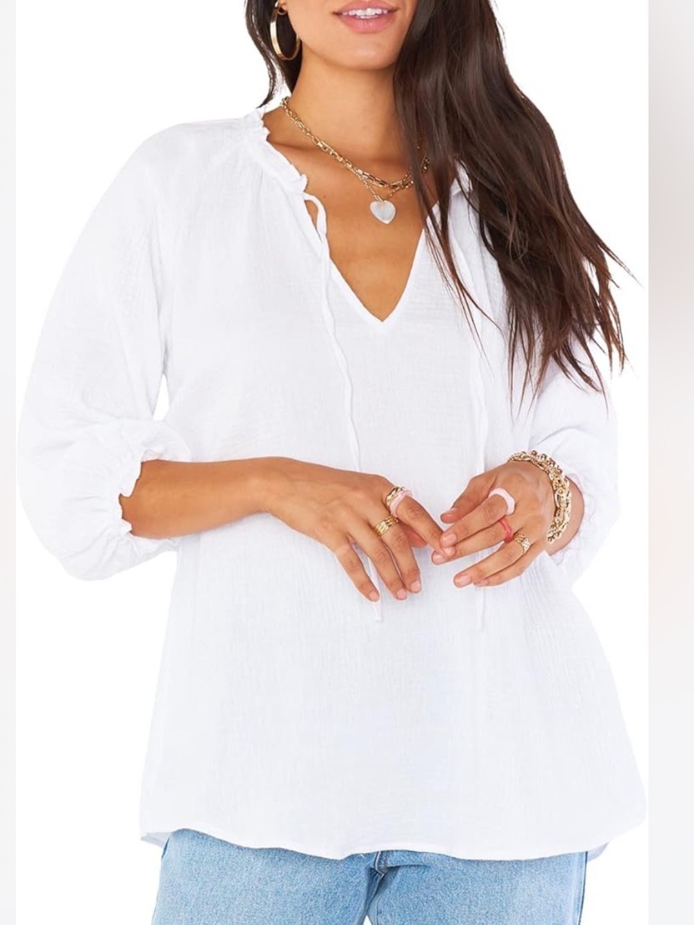 Show Me Your Mumu White Coastal Cotton Gauzy Boho 3/4 Sleeve Tunic Top